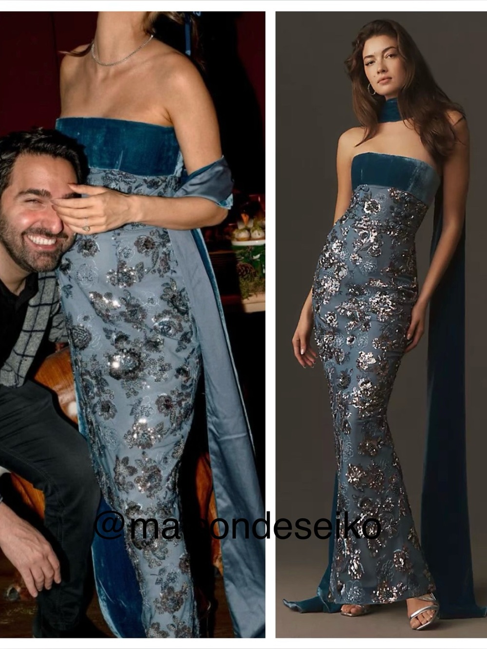 NWT Sau Lee Maxi Dress Blue Velvet Adrian Beaded Sequin Strapless Scarf size 2